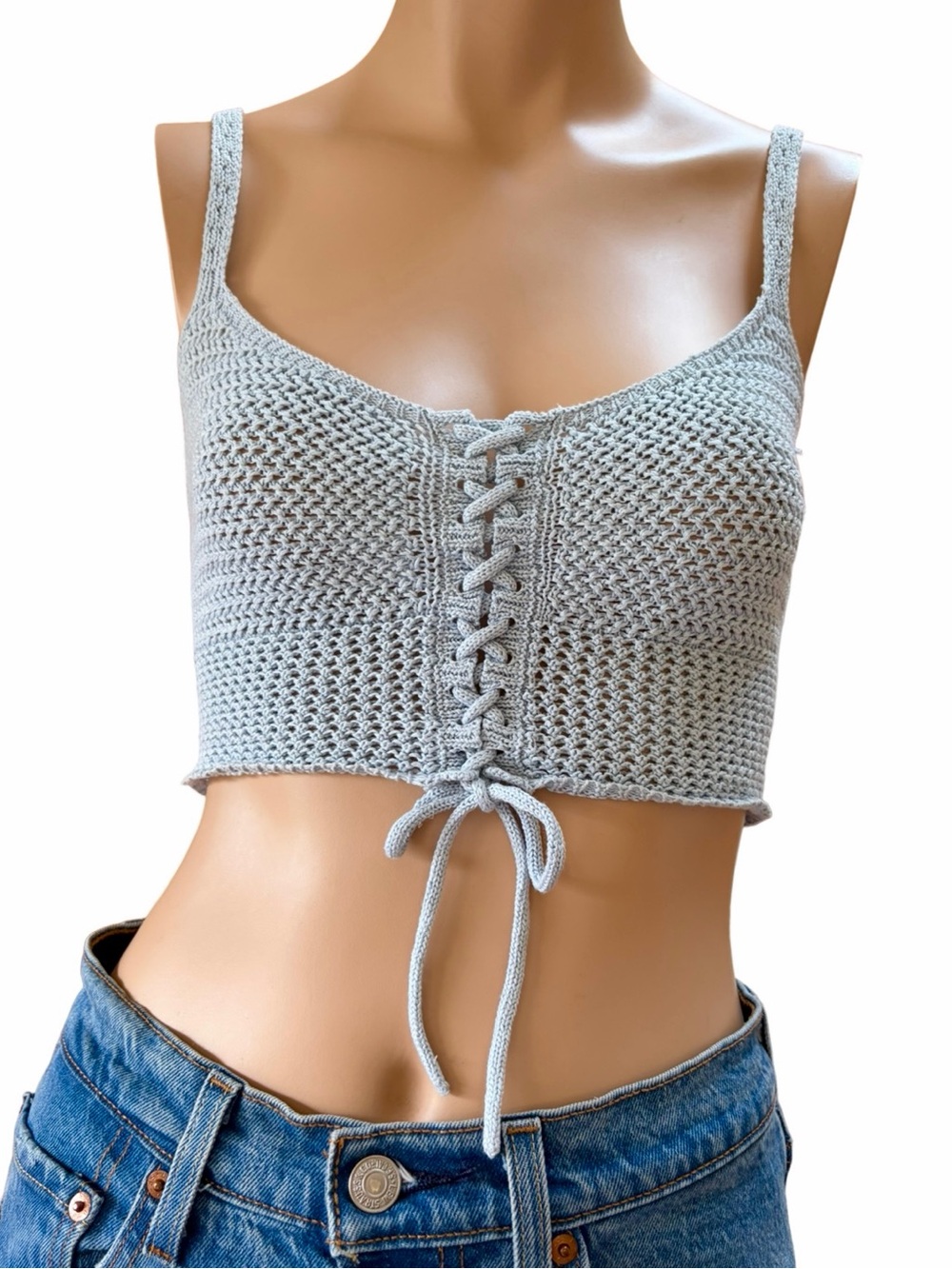 Wilfred Aritzia Baby Blue Crochet Lace Up Festival Crop Tank Top 2XS (13” ptp)